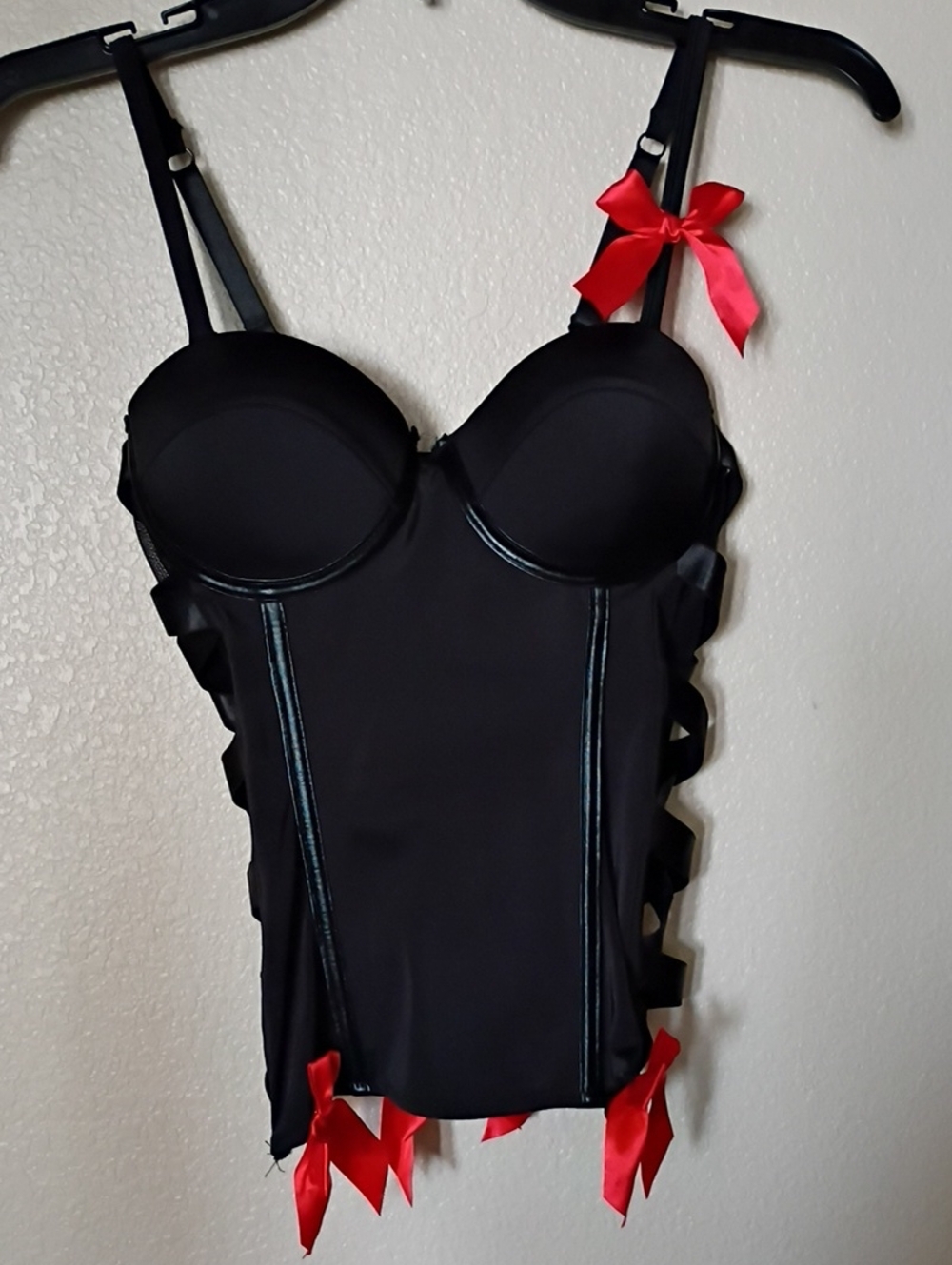 Vintage Black Bustier  with Red Ribbon Accents.